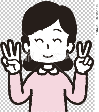 左手は2本指、右手は3本指の32のハンドサインをして笑う女性の上半身イラスト 107084640