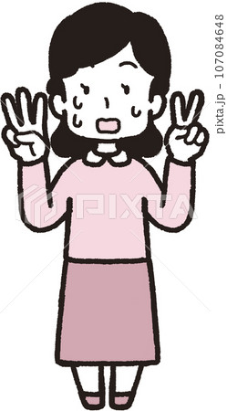 左手は2本指、右手は3本指の32のハンドサインをして汗を出して慌てている女性の全身イラスト 107084648