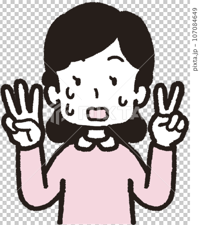 Upper body illustration of a woman sweating and panicking while doing 32 hand signs with two fingers on her left hand and three fingers on her right hand 107084649
