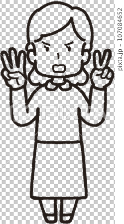 左手2本指、右手は3本指の32のハンドサインをして怒っている女性の全身線画イラスト 左手2本指、右手は3本指の32のハンドサインをして怒っている女性の全身線画イラスト 107084652