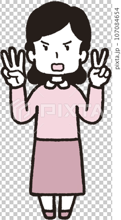 一位憤怒的女人用左手兩根手指、右手三根手指做出 32 個手勢的全身插圖 107084654