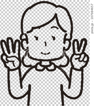 Upper body line drawing illustration of a smiling woman making 32 hand signs with two fingers on her left hand and three fingers on her right hand 107084657