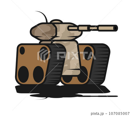 Battle army track tank with sand camouflage and long barrel for firing projectiles at enemy. Heavy self propelled artillery equipment. Cartoon outline vector isolated on white background Battle army track tank with sand camouflage and long barrel for firing projectiles at enemy. Heavy self propelled artillery equipment. Cartoon outline vector isolated on white background 107085007