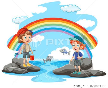 Kids Fishing in Pond 107085128