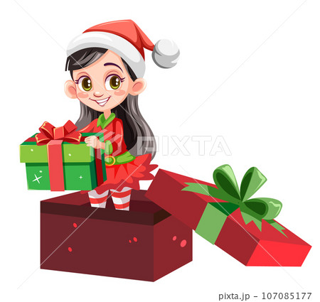 Female Elf Holding Gift in Gift Box 107085177