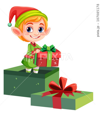 Male Elf Holding Gift in Gift Box 107085178