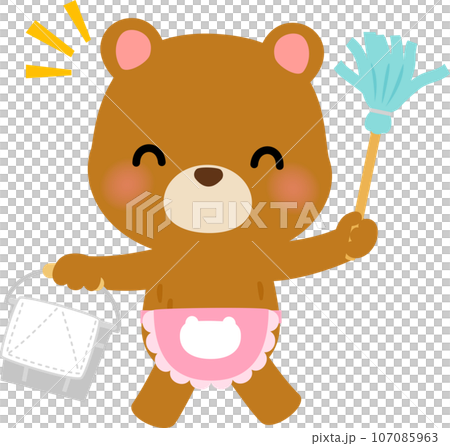 A bear cleaning while wearing a pink apron 107085963