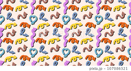Naive playful arrows in trendy retro memphis style with vector texture. Direction indicators seamless pattern. 107086321