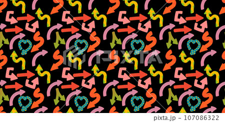 Direction indicators seamless pattern. Naive playful arrow pointers with vector texture in trendy retro style. Y2k aesthetic. Dynamic arrow signs for design 107086322