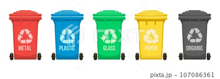 Waste segregation vector illustration. Colored trash cans for sorting garbage by material and type. Waste segregation vector illustration. Colored trash cans for sorting garbage by material and type. 107086361