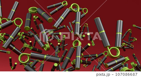 Flying of sport equipment like hand expander or resistance band on red Flying of sport equipment like hand expander or resistance band on red 107086687