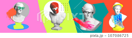 Set of antique statue busts in different accessories over multicolored background. Contemporary art collage. Set of antique statue busts in different accessories over multicolored background. Contemporary art collage. 107086725