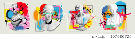 Set of antique statue busts over light background with colorful graffiti art. Street style. Contemporary art collage. Set of antique statue busts over light background with colorful graffiti art. Street style. Contemporary art collage. 107086726