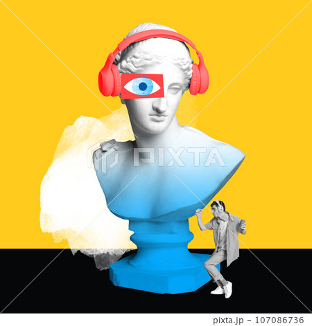 Young guy listening to music in headphones neat giant antique statue bust over yellow background. Contemporary art collage. 107086736