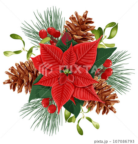 Christmas decor. Bouquet with red poinsettia flower, mistletoe, berries and pine. 107086793