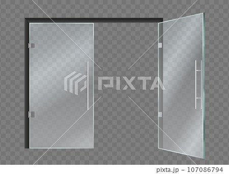 Opening glass doors. 3D office or boutique doorways. Store double transparent doorway. Isolated showcase windows. Entrance of shop or storefront in mall. Front view. Vector realistic interior object 107086794