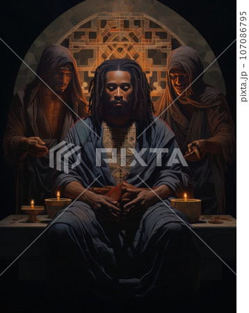 Abstract church religious fresco based on the Last Supper in African style AI 107086795