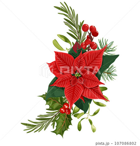 Christmas decor. Bouquet with red poinsettia flower, mistletoe, berries, holly, rosemary and spruce. Christmas decor. Bouquet with red poinsettia flower, mistletoe, berries, holly, rosemary and spruce. 107086802