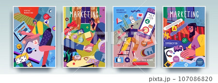 Digital marketing posters. Modern cover with social media. Network promotion. Smartphone and computer. People characters. Business technology. Collage banners design set. Vector flat exact background 107086820