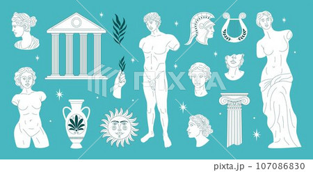 Greek statues. Ancient Rome, Roman historical elements, shapes and figures, male and female sculptures. Museum vase harp and column. Beautiful classic monument, vector illustration, tidy art icons Greek statues. Ancient Rome, Roman historical elements, shapes and figures, male and female sculptures. Museum vase harp and column. Beautiful classic monument, vector illustration, tidy art icons 107086830