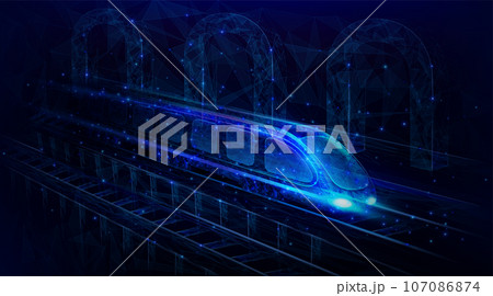Train motion. Speed railway. Digital metro transport. Wireframe of track and railroad station. Fast traffic technology. Blue polygon locomotive with carriages on arch bridge. Vector exact background 107086874
