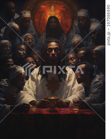 Abstract church religious fresco based on the Last Supper in African style AI 107086890