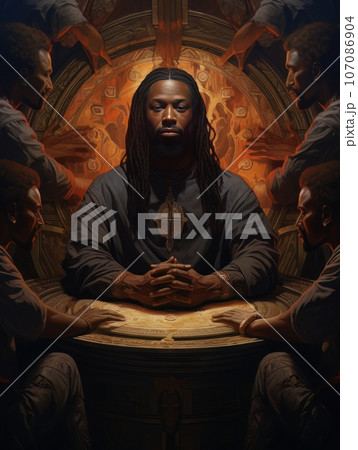 Abstract church religious fresco based on the Last Supper in African style AI Abstract church religious fresco based on the Last Supper in African style AI 107086904