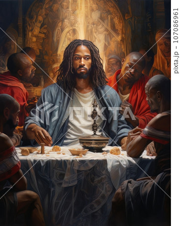 Abstract church religious fresco based on the Last Supper in African style AI 107086961