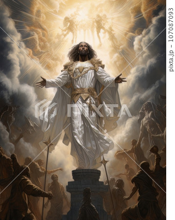 Biblical oil painting of the ascension of African Jesus Christ over the believers AI 107087093