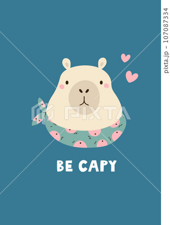 Greeting card with funny capybara in neckpiece and text BE CAPY 107087334