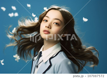 春の訪れ、制服姿の美しい女子学生と桜 107087572