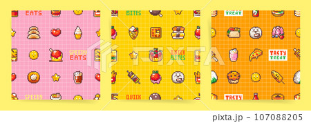 Retro Pixel Seamless Food Pattern Set Inspired by 80s-90s Arcade Game. Tasty Pixel Art Sushi, Cakes, Ice Cream, Fries, Tart, waffle. Background for Snacks, Cafes and Street Food Wrapping Paper. 107088205