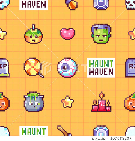 Magic and Spooky Halloween Pixel Art Pattern with Witches, Pumpkins, Cauldron, Frankenstein, and Crystals.  107088207