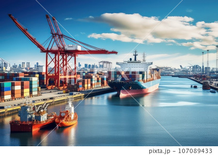 Aerial view of a busy seaport with cargo ships loading and unloading. Logistics operations supporting global trade. Global trade and logistics 107089433