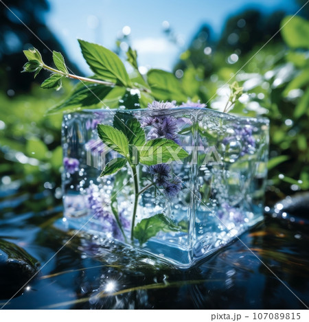 Frozen green spearmint in an ice cube on a thin layer of water. Cube of clear ice with a nice leaf of peppermint inside. Refreshing cold drink with mint concept. Food and drinks concept. 107089815