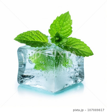 Frozen green spearmint in an ice cube white studio. Cube of clear ice with a nice leaf of peppermint inside. Refreshing cold drink with mint concept. Food and drinks concept. Frozen green spearmint in an ice cube white studio. Cube of clear ice with a nice leaf of peppermint inside. Refreshing cold drink with mint concept. Food and drinks concept. 107089817