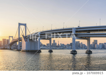 夕暮れのレインボーブリッジと東京都心の都市風景 107089915
