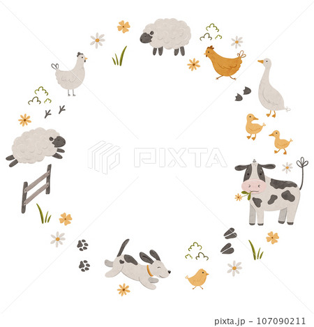 Cute farm animals wreath cow, lamb, chick, dog, cow, sheep, chicken and goose. Domestic animals kid set in round frame hand drawn illustration. Rural country card template or local market design for 107090211