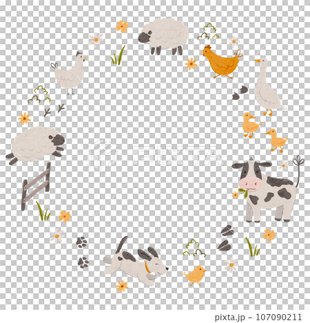Cute farm animals wreath cow, lamb, chick, dog, cow, sheep, chicken and goose. Domestic animals kid set in round frame hand drawn illustration. Rural country card template or local market design for 107090211