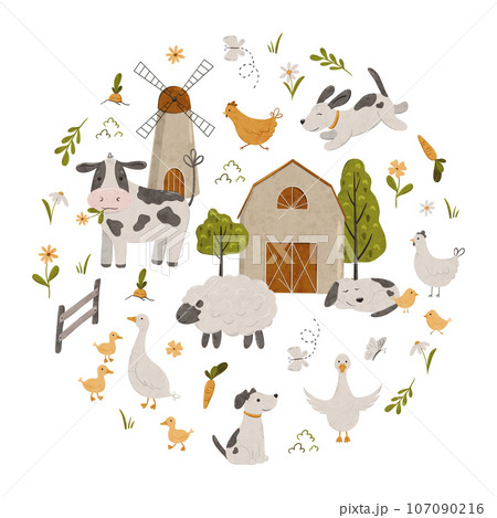 Round composition with farm animals. Rural country card template or local market design for banners, invitations. Cute countryside illustration with barn, windmill, cow, hen, dog, cow, sheep, goose 107090216