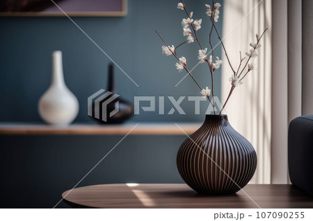 Simple minimal elegant scene with vase and flowers on deep dark background. Home staging, minimal decor concept. Generative AI Simple minimal elegant scene with vase and flowers on deep dark background. Home staging, minimal decor concept. Generative AI 107090255