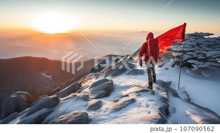 Hiker at the snow mountain peak with red flag while sunrising, exploring the world and success concept. Generative AI 107090562