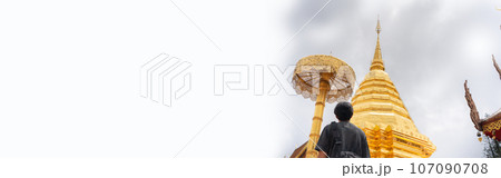 web banner asian man travel and see to gold temple at chiangmai  Thailand in summer season 107090708
