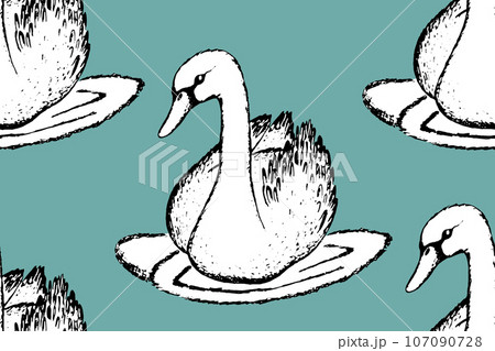 Seamless pattern with funny swan birds. Flat vector illustration with cartoon bird silhouette. Cute characters. Design for invitation, poster, card, textile, fabric 107090728