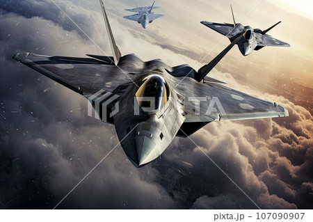 Fighter jets soaring through the clouds in formation. 107090907