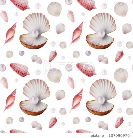 Watercolor seamless pattern with shells and pearls. Hand painting clipart underwater life objects on a white isolated background. For designers, decoration, postcards, wrapping paper, scrapbooking, 107090970