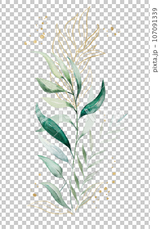 Bouquet made of green and golden watercolor eucalyptus leaves, wedding illustration 107091339
