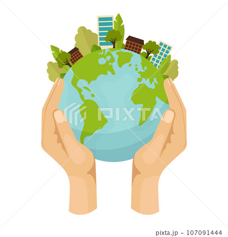 Save planet hands. Cartoon human hands hold different ecological symbols and elements, environment protection signs. Protection with Hand Taking Care of Green Planet Save planet hands. Cartoon human hands hold different ecological symbols and elements, environment protection signs. Protection with Hand Taking Care of Green Planet 107091444