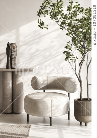 Boho beige livingroom with lounge chair, tree and sculpture background. Light modern japanese nature view. 3d rendering. High quality 3d illustration Boho beige livingroom with lounge chair, tree and sculpture background. Light modern japanese nature view. 3d rendering. High quality 3d illustration 107091519