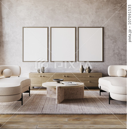 Boho beige livingroom interior design with 2 sofa, 3 picture frame and grey stucco wall background. Light modern japanese nature view. 3d rendering mock up. High quality 3d illustration Boho beige livingroom interior design with 2 sofa, 3 picture frame and grey stucco wall background. Light modern japanese nature view. 3d rendering mock up. High quality 3d illustration 107091535